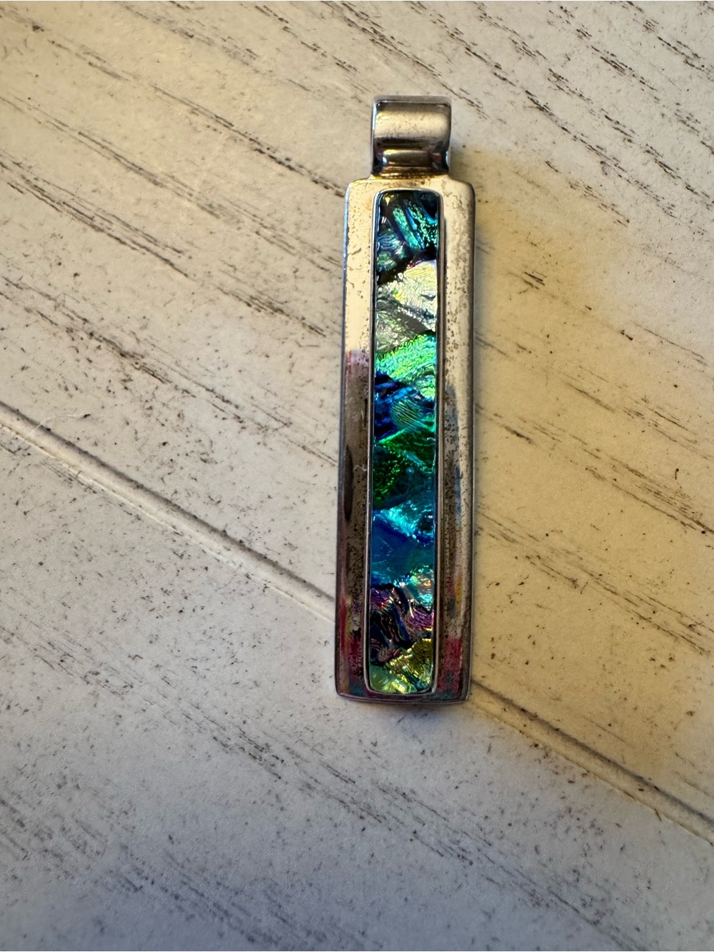 Silver Bar Pendant with Iridescent Blue-Green Inlay